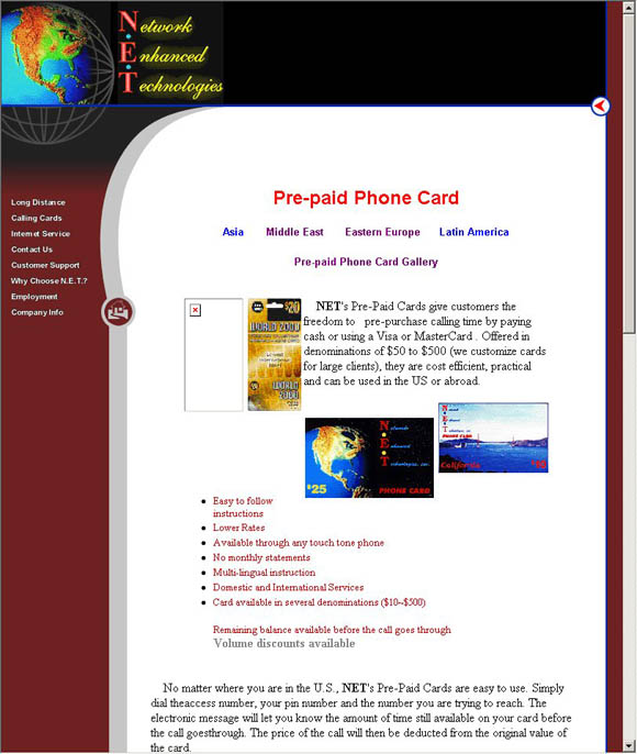 Network Enhanced Technologies Pre-paid Phone Cards