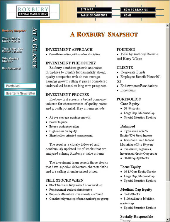 Roxbury Capital Management A Roxbury Snapshot
