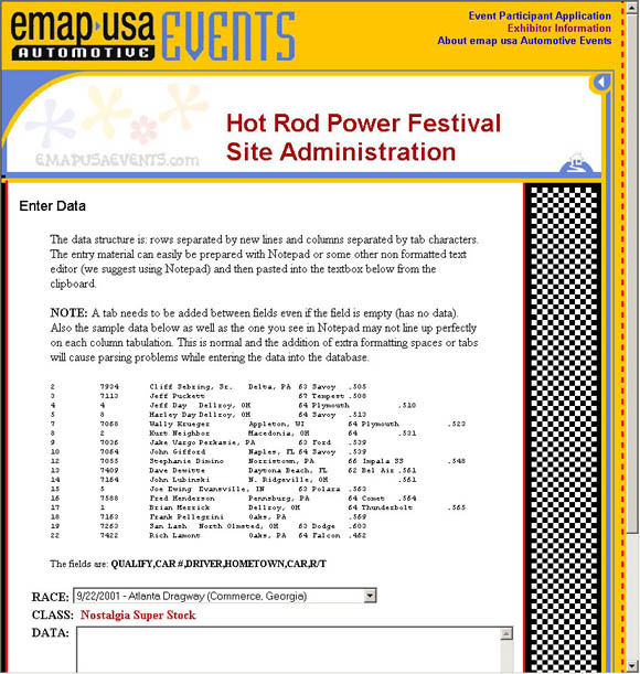 Hot Rod Power Festival Site Administration Pages Data Entry