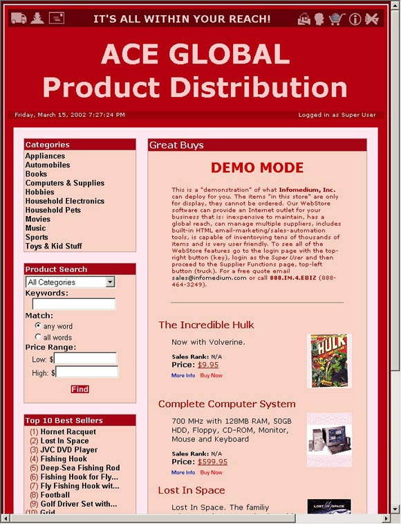 Web Store Demo Mode Home Page